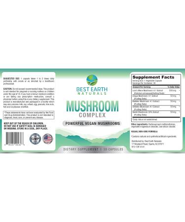 Best Earth Naturals Vegan Mushroom Complex Supplement for Energy Clarity & Cognitive - Immune Support w/Lion's Mane Reishi Chaga Maitake & Shiitake 30 Day Supply (30 Capsules) - Buy Online on GoSupps.com
