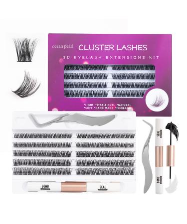 Individual Lashes 120 Cluster Lashes DIY Eyelash Extension Thin Band Wide Stem Lash Clusters with Tweezers and Lash Bond and Seal Lash Extension Kit Mix 10-16mm Length C/D Curl - OP01 120 clusters kit - OP01