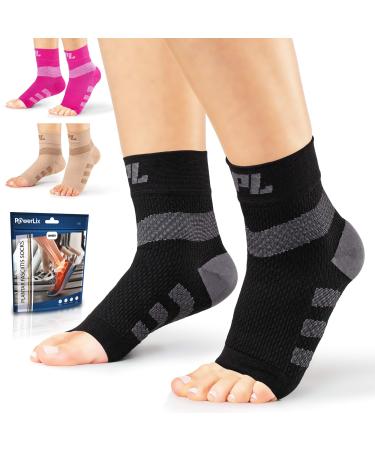 Powerlix Plantar fasciitis socks for Neuropathy (Pair) for Women & Men, Ankle Brace Support, Toeless Compression Socks & Foot Sleeve for Arch & Heel Pain Relief - Treatment & Everyday Use Large (1 Pair) Black