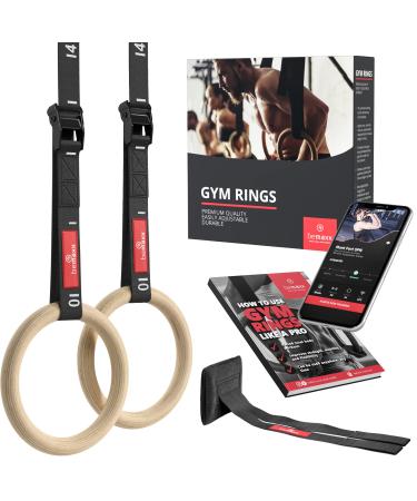 BeMaxx Gymnastic Rings Set Wood + Door Anchor Attachment, Exercise eBook & Safety Straps + Length Markings | Wooden Olympic Gym Gymnastics Athletic Fitness | Home Workout Muscle Training Gym Rings - EU