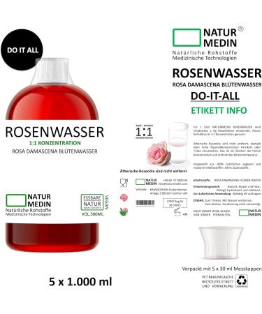 5000 ml NATURMEDIN Edible Rose Water - 100% Natural Cosmetics - Pack of 5 (1L each) for Ultimate Skincare - Buy Online on GoSupps.com