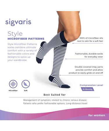 Buy Sigvaris Women's Microfiber Patterns 830 Closed Toe Calf-High Socks 20-30mmHg - Pink Stripe - Large Short | International Shipping Available - Buy Online on GoSupps.com
