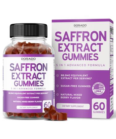 Saffron Gummies - Premium Saffron Supplement - Sugar Free Gummy - Saffron Extract 88.5mg Equivalent Extract - 5 in 1 Advanced Formula - Delicious Raspberry Flavor - Non GMO - Vegan - (60 Gummies)