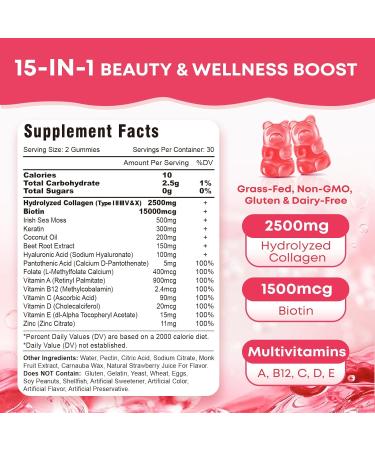 2 Pack Sugar Free Collagen Gummies for Women & Men | Hydrolyzed Collagen Peptides for Hair Skin & Nails | MultiCollagen Protein Type I II III V X with Biotin & Vitamin C | Strawberry Flavor, 120 Count 60 Count (Pack of 2) - Buy Online on GoSupps.com