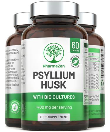 Psyllium Husks Capsules with Probiotics - High Fibre Supplement 1400mg - Soluble Fiber Tablets High Strength - 60 Capsules - Pure Psyllium Husk & 6B Acidophilus Probiotic Complex for Digestive Support