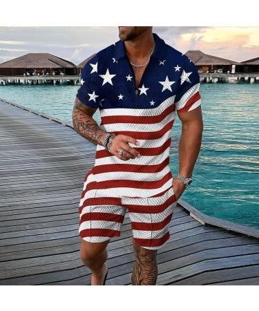 Fxbar Men's Patriotic American Flag Zipper Collar T-Shirt Set, Dark Blue, Large - Buy Online on GoSupps.com
