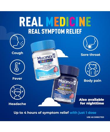 Mucinex Children's Mighty Chews Cold and Flu Medicine Easy to Dose Children's Acetaminophen & Dextromethorphan Kids Cough Medicine Ages 6+ Mixed Berry Flavor 16 Medicated Chewable Tablets Day 16 Count (Pack of 1) - Buy Online on GoSupps.com