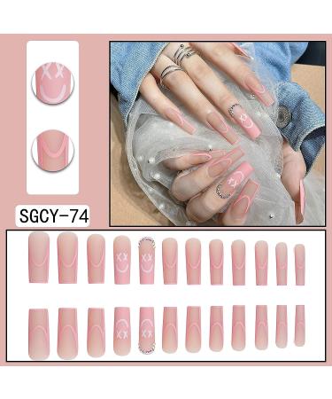 Smiling Face Pink Coffin Press-On Nails with Rhinestones - Long Square Fake Nails for Women & Girls - Buy Online on GoSupps.com