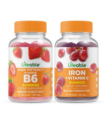 Lifeable Vitamin B6 + Iron with Vitamin C Gummies Bundle - Great Tasting Vitamin Supplement Gluten Free GMO Free Chewable