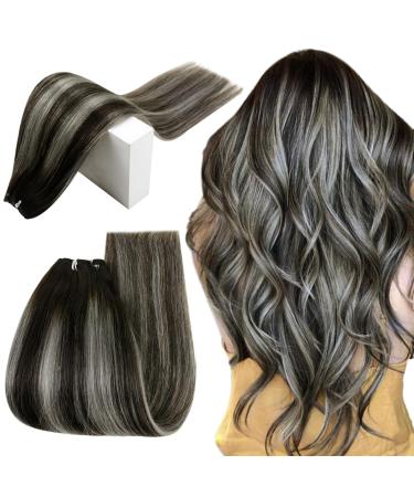 Runatur Extensions Tressen Real hair to sew black ombre 40cm SEW in hair extension real hair smooth 100g a piece of real hair treat black balayage silver#1b/silver/1b 40cm 2-clays ## 1b/s/1b