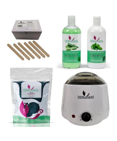 Dermawax Profi Waxing Set- 1000 ml of wax device Made in Spain- 1 kg of waxing- 500 ml aloe vera pretreatment lotion- 500 ml menthol follow-up milk 200 pieces of wood spatula