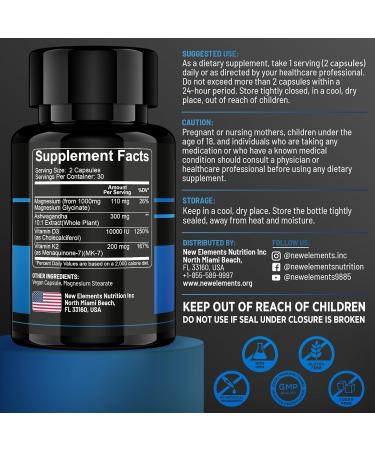 Magnesium Glycinate 1500mg with Ashwagandha 300mg + Vitamin D3 10 000 IU & K2 (MK-7) 200mcg Stress Relief Calm Mood & Bone Support High Absorption Vegan Capsules Non-GMO - Buy Online on GoSupps.com