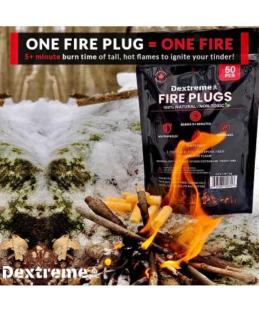 Dextreme Fire Plugs 50 Pcs - Weatherproof Fire Starter for Campfires, Emergencies, Survival - Made in North America - Can Light 50+ Fires, 5+ Minute Burn Time - All Natural - Buy Online on GoSupps.com