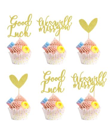 Arthsdite 24Pcs We Will Miss You Cupcake Toppers Glitter Red Love Heart Good Luck Cupcake Picks Retirement Theme Going Away Party Cake Decorations - Gold Glitter Gold Cupcake Toppers