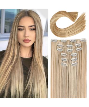 YOGFIT Clip in Long Straight Synthetic Hair Extension 24 Inch 6PCS Balayage Dark Blonde with Highlights Thick Hairpieces Natural Soft Synthetic Fiber Double Weft for Women 24 Straight Dark Blonde with Highlights