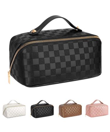 Large Capacity Travel Cosmetic Bag - Portable Makeup Bags for Women Waterproof PU Leather Checkered Makeup Organizer Bag with Dividers and Handle,Toiletry Bag for Cosmetics, Black