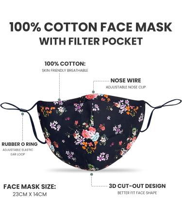 Face Mask Washable UK for Women with Nose Wire 3 Layers Pure Cotton Face Masks for Glasses Wearers | Reusable | Breathable | Filter Pocket | Adjustable air loops (2 x Masks) (Floral - W) - Buy Online on GoSupps.com