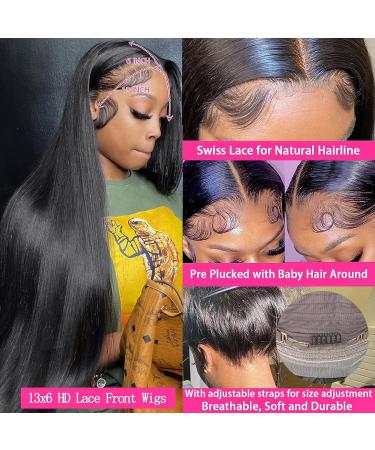 HUANGCAI 13x6 20 HD Lace Front Human Hair Wig - Pre Plucked Transparent Straight Frontal Wig with Baby Hair for Women - 180% Density Glueless Black Wig - Buy Online on GoSupps.com