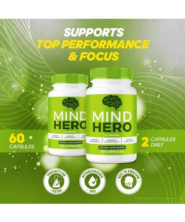 NutraVibe Mind Hero Capsules - Brain Supplement and Memory Support | MindHero Pills for Daily Focus and Performance All-Natural Ingredients Easy-to-Swallow Official Reviews (60 Capsules) - Buy Online on GoSupps.com