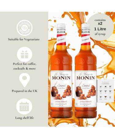 Monin Caramel Syrup Multipack x2 1L for Coffee. 100% Natural Flavours and Colourings Vegan-Friendly Allergen-Free with Gift Harbour Coffee Recipe Card - Buy Online on GoSupps.com