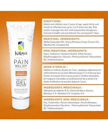 Kalaya Extra Strength Pain Relief Emulsion Gel with Arnica 100 g Fast Acting Long Lasting Reduces Inflammation Vanishing Scent Made in Canada medically formulated for Arthritis Joints Muscle Back Neck Shoulder Hand and Knee Pain - Buy Online on GoSupps.com