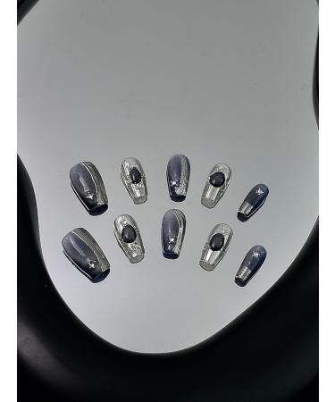 Y2K False Nail Kit Silver Gray Press On Nails Almond Handmade Jelly Gel Fake Nail -3D Sliver Glitter Flash Technology Sense Cat Eye Glitter Almond Glue On Nail Stiletto Acrylic Short Oval Stick On False Nail for Women (M Wide Nail Bed 20mm) - Buy Online on GoSupps.com