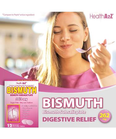 HealthA2Z Bismuth 262mg Chewable Tablets - Multi-Symptom Relief - 36 Tablets (3 Packs of 12) - Pack of 3 | Bismuth Subsalicylate - Buy Online on GoSupps.com