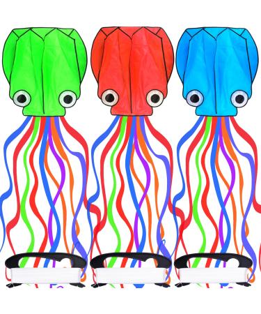 Octopus Kite 3 PACK Kites for Adults Easy To fly 3D Giant Kite with Kite String Reel Kites for Kids Ages 4-8 Kite for Girls Boys Large Beach Kites Toy Rainbow Kites with Tail Kite Runner 3 Colors Blue+green+red