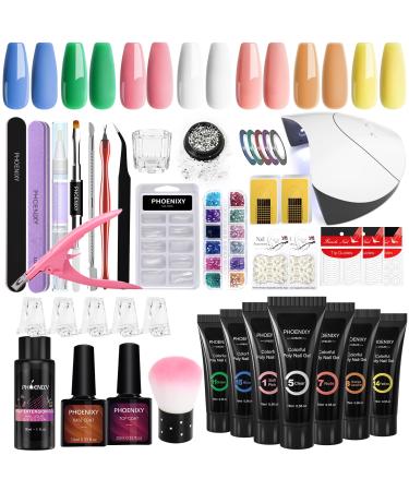 Poly Nail Gel Kit 7 Colours Phoenixy Poly Nail Extension Gel Set with 36W UV LED Nail Lamp Poly Nail Gel Manicure Starter Gift Kit for Women 7 COLORS KIT-7
