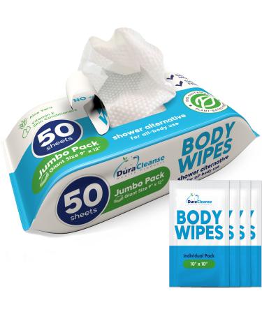 XL Body Wipes (50 Count) + 4 Travel Bath Wipes - 9" x 12" No Rinse Thick Cleansing Shower Wipes, Disposable Washcloths for Adults with Aloe Vera & Vitamin E for Bathing, Camping, Elderly Incontinence 1 Pack - 50 Count