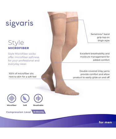 SIGVARIS Men's Microfiber 820 Thigh-Highs 20-30mmHg - Closed Toe Grip Top Black Large Long - International Shipping Available - Buy Online on GoSupps.com