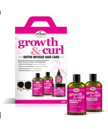 Difeel Growth & Curl Biotin Hair Care Collection Gift Box - Includes Faster Growth Shampoo Conditioner & Hair Mask 12oz each and 2.5oz Hair Oil