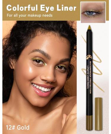 Gold Shimmer Eyeliner Pencil Sharpenable Multi-Use Colored Gel Eyeliner Waterproof Smudge-Proof Long Wear Waterline Eye Liner Pen with Sharpener Smooth Cream High Pigmented Eye Makeup for Stage-12 12 Gold - Buy Online on GoSupps.com