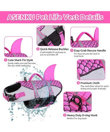 ASENKU Dog Life Jacket - Ripstop Vest with Reflective Strip | Pink Shark XS | Dog Lifesaver Swimsuit for Swimming and Boating - Buy Online on GoSupps.com
