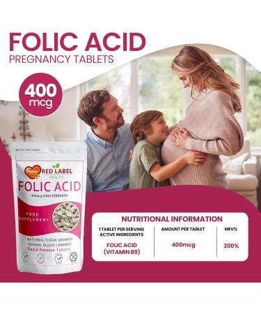 Red Label Health Folic Acid 400 mcg Tablets 60 Vitamin B9 Tablets (2 Month Supply) Folate Fertility Supplement for Women Vegan Vegetarian Supports Maternal Tissue Growth Made in The UK 1 count (Pack of 60) - Buy Online on GoSupps.com