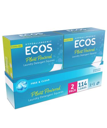 ECOS Laundry Detergent Sheets - No Plastic Jug for 114 Loads - Vegan, No Mess & Liquid Free - Laundry Sheets in Washer - Hypoallergenic, Plant Powered Laundry Detergent Sheets Free & Clear 57 Count (Pack of 2)