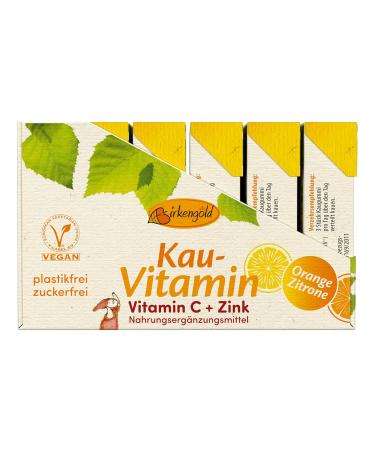 Birch Gold Kau-Vitamin C & Zinc - Plastic-Free Vegan Dental Chewing Gum | Sugar-Free Natural Cauch (Chicle) | 12 Pieces - Eco-Friendly Orange Lemon Flavor - Buy Online on GoSupps.com