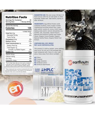 EarthNutri - Egg White Protein Powder Supplement for Pre Intra or Post Workout 26g of Protein Per Serving Supports Muscle Strength & Recovery No Artificial Additives - Cookies 20 Servings (640g) Cookies & Cream - Buy Online on GoSupps.com