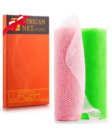 UJFQBH 2 Pieces African Net Sponge Long Bath Sponge Exfoliating Shower Body Scrubber for Daily Use Terrific for Smoother Skin - Back Scrubber for a Refreshing Experience (Pink - Green)