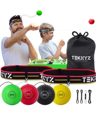 TEKXYZ Boxing Reflex Ball Family Pack, 2 Adjustable Headbands + 2 Novice Reflex Balls + 1 Veteran Reflex Ball + 1 Boxer Reflex Ball and More
