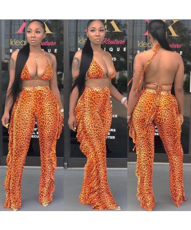 Women's 2-Piece Sweatpants Suit Set | Ruffle Crop Top & Long Pants Jumpsuit Outfit | Orange, Medium - Buy Online on GoSupps.com