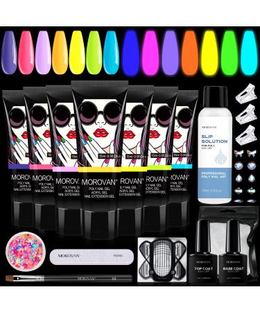 Morovan Poly Gel Nail Kit - Glow in the Dark Poly Nail Gel Kit 7 Colors Nail Extension Gel Builder Gel Manicure Kit for Nail Art Starter Kit Purple