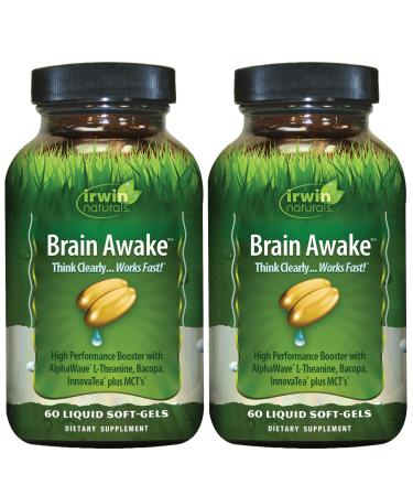 Irwin Naturals Brain Awake - 60 Liquid Softgels, Pack of 2 - Enhanced Mental Performance, Increased Focus, Clarity & Concentration - Nootropic Booster with L-Theanine, Bacopa, MCTs