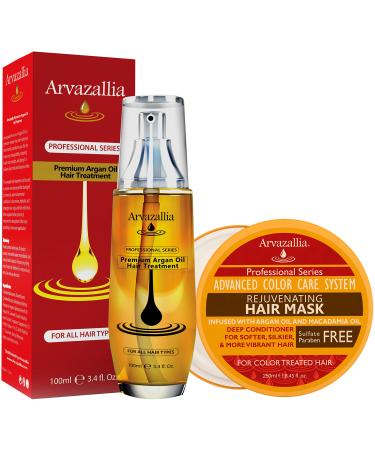 Arvazallia Rejuvenating Hair Mask and Premium Argan Oil Hair Treatment Products Bundle - Deep Conditioning Color Protection and Damage Repair For Color-treated Hair