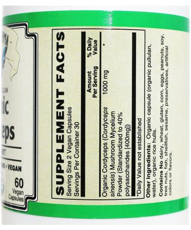 Organic Cordyceps Mushroom Capsules 1000mg Serving U.S. Grown Cordyceps Sinensis Mycelium Standardized to 40% Polysaccharides Vegan Non-GMO Gluten Free Supplement 1 Count (Pack of 1) - Buy Online on GoSupps.com