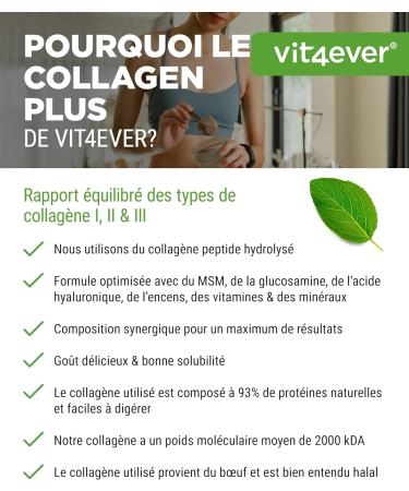  Vit4ever Collagen Plus - 500g powder with MSM glucosamine HCL hyaluronic acid incense extract - 100% hydrolyzed bioactive collagen peptides - collagen type 1 2 & 3 - blackcurrant taste - Buy Online on GoSupps.com