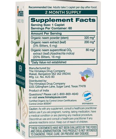 Himalaya Organic Neem Acne Relief Caplets - Clear, Smooth & Radiant Skin - 4 Month Supply (2 Pack) - Buy Online on GoSupps.com