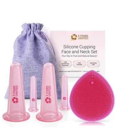 Silicone Facial Cupping Therapy Set - Eye and Face Vacuum Massage Cup Kit - 4 Cups + Free Exfoliating Brush - Anti-Wrinkle and Anti-Aging Effect - 100% Hygienic