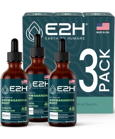 E2H Ashwagandha Liquid Drops - All-Natural Ashwagandha Supplement for Stress Relief and Mood Enhancer- Organic Ashwagandha Root Extract Effective Cortisol Manager | Non-GMO Vegan (3 Bottles)