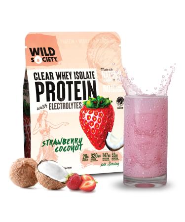 WILD SOCIETY - Premium Clear Whey Protein + Electrolytes - Refreshing Whey Protein Isolate Powder - 20g Protein 0 Added Sugar GMO-Free Natural Flavors & Colors - Strawberry Coconut 16 oz